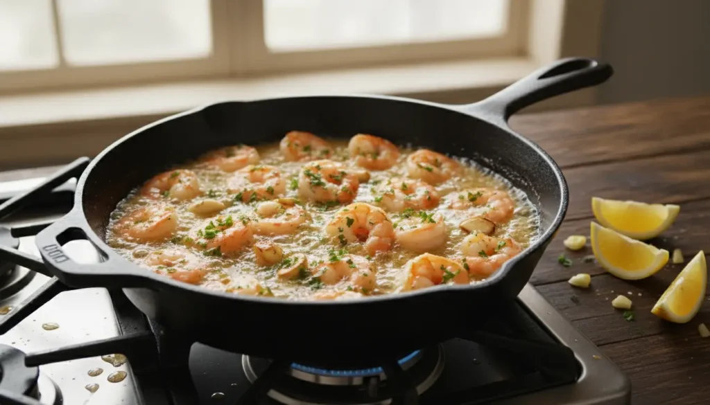 “Skillet of garlic butter shrimp garnished with parsley and lemon wedges.”