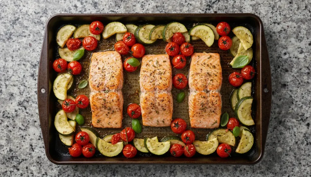 One-pan baked salmon fillets with roasted zucchini and cherry tomatoes on a baking tray.