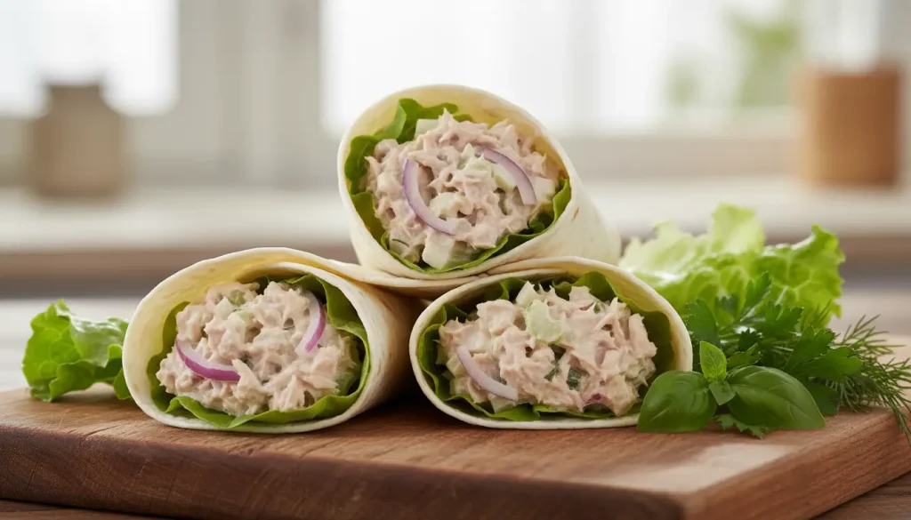 Tuna salad wraps with fresh lettuce and tortilla on wooden cutting board.