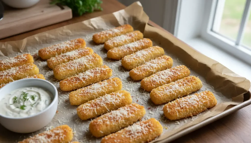 Baked crispy fish sticks on a baking sheet with a side of tartar sauce.