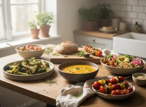 Healthy vegetable recipes served on a wooden kitchen table with colorful dishes and natural lighting.