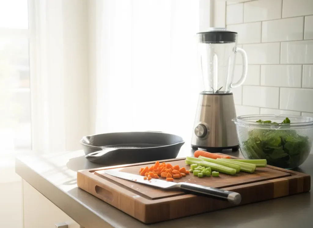 Kitchen tools and utensils for preparing healthy vegetable recipes.