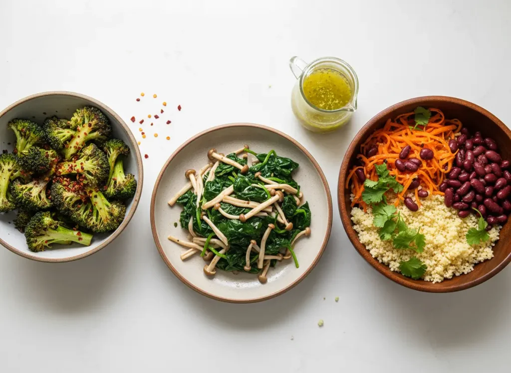 Assorted easy healthy vegetable recipes including broccoli, spinach stir-fry, and Buddha bowl.