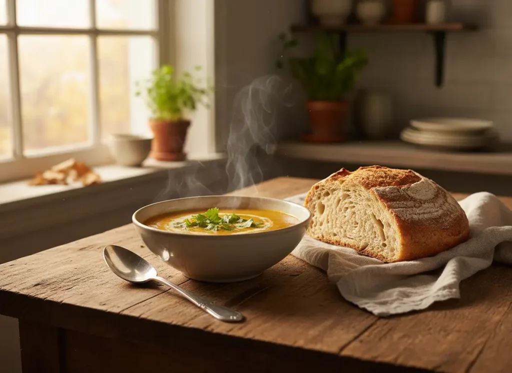 Creamy carrot ginger soup served with bread for a comforting healthy meal.