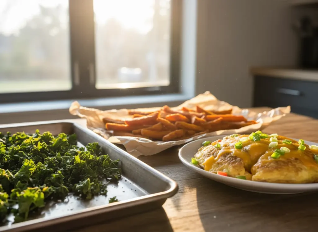 Healthy vegetable snacks like kale chips, sweet potato fries, and omelet.