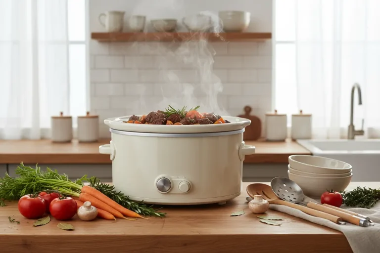 Slow cooker on a wooden kitchen counter filled with a hearty meal, surrounded by fresh ingredients and kitchen tools, no people in the image.
