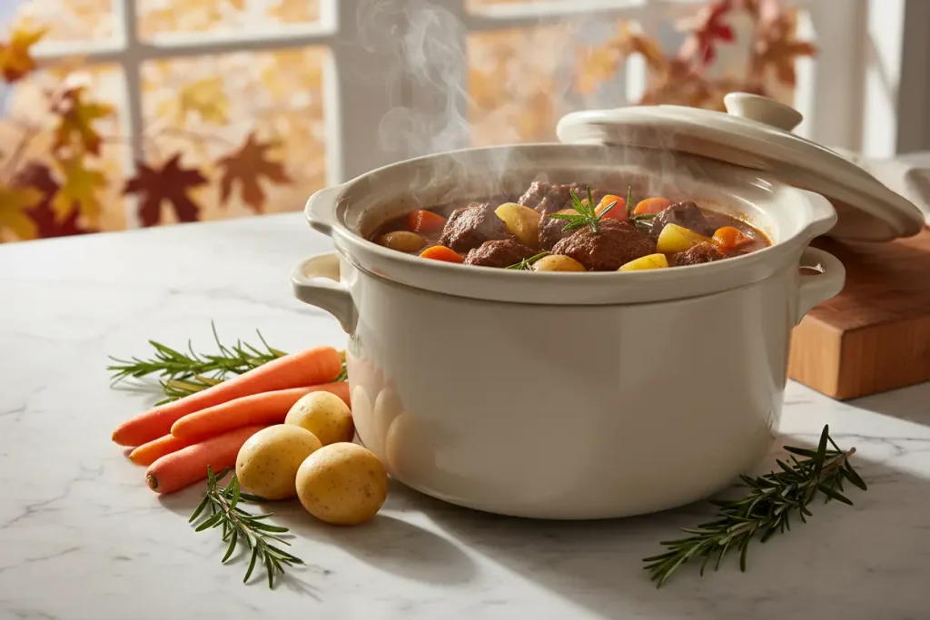 Slow cooker with simmering stew and fresh ingredients on a kitchen counter, showing convenience and warmth, no people.