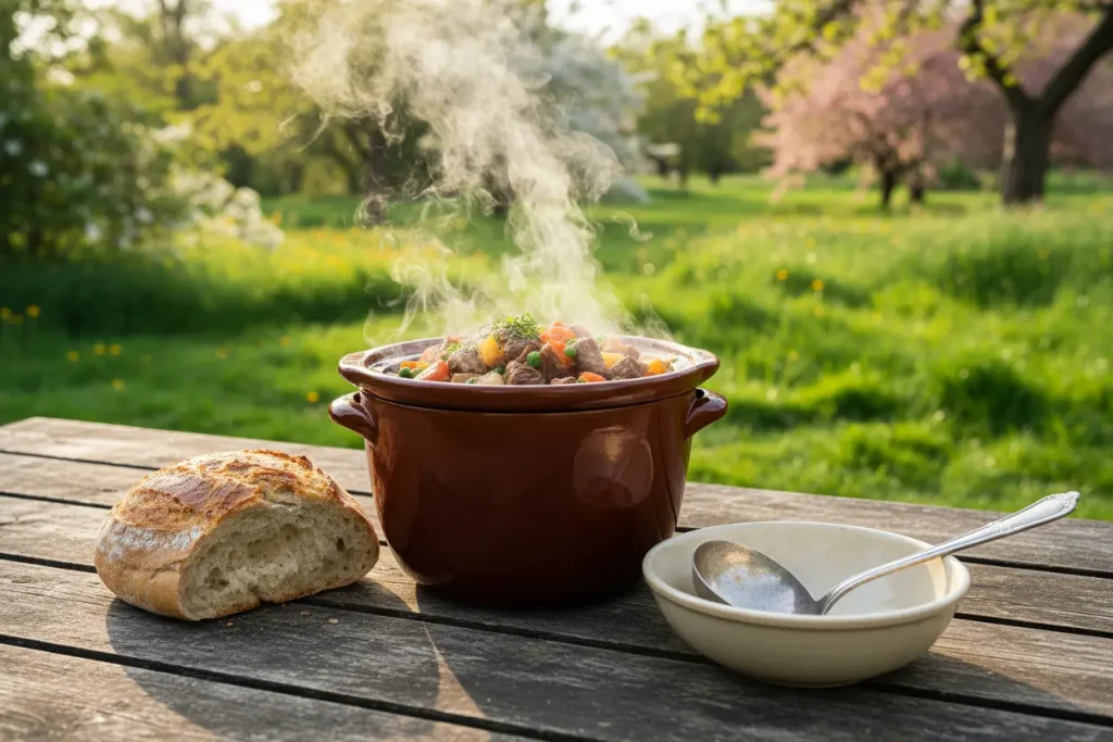Slow cooker of hearty beef stew with bread and bowl beside it, cozy and comforting meal setup, no people.
