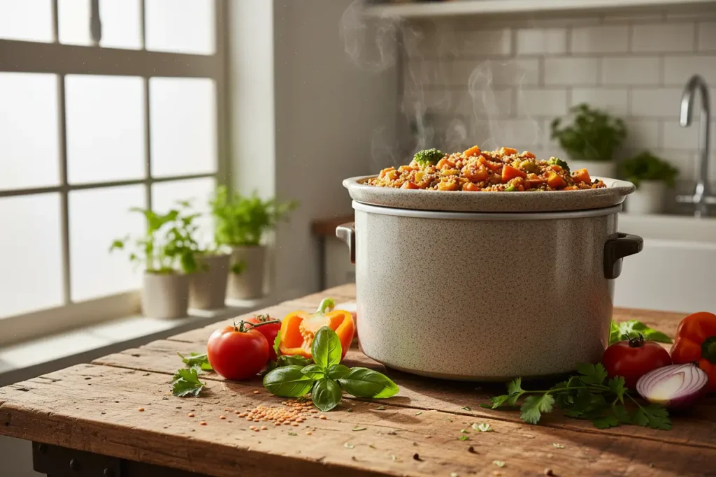 Slow cooker filled with vibrant vegetarian meal with lentils and vegetables, fresh herbs around, no people.