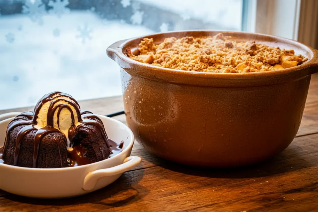 Slow cooker dessert setup with apple crisp and chocolate lava cake, cozy dessert scene, no people.
