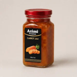 azimi-premium-carrot-jam-angled-jar Angled studio view of an Azimi Premium carrot jam jar