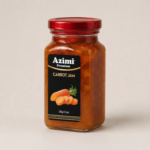 Angled studio view of an Azimi Premium carrot jam jar
