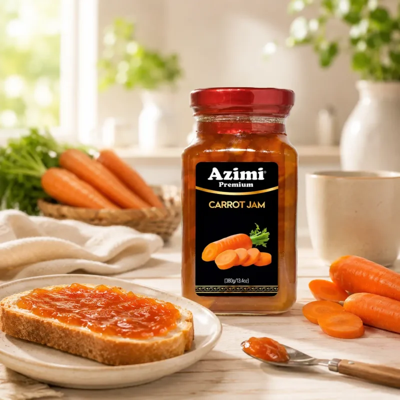 azimi-premium-carrot-jam-breakfast-table Azimi Premium carrot jam with toast and carrots on a breakfast table