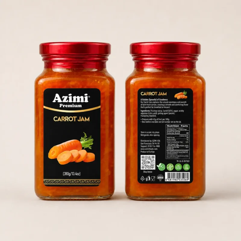 azimi-premium-carrot-jam-front-back-packaging Front and back packaging of Azimi Premium carrot jam