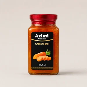 azimi-premium-carrot-jam-front-view Front view of a jar of Azimi Premium carrot jam