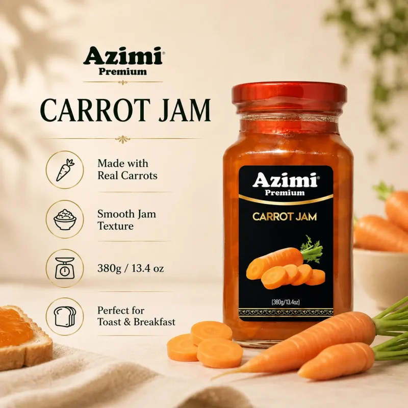 azimi-premium-carrot-jam-product-details Azimi Premium carrot jam with size serving and texture details
