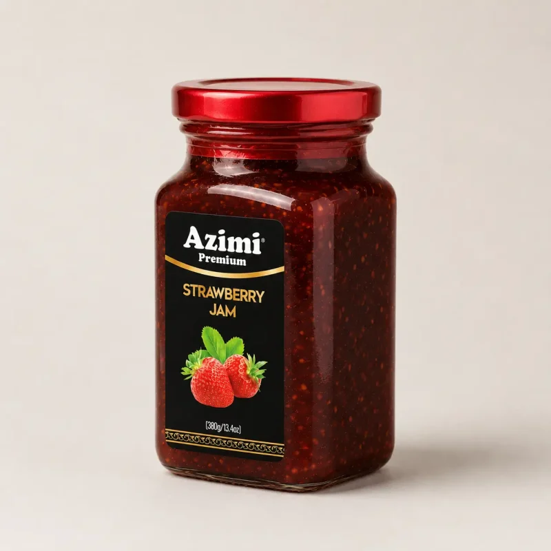 azimi-premium-strawberry-jam-angled-jar Angled studio view of an Azimi Premium strawberry jam jar