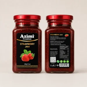 azimi-premium-strawberry-jam-front-back-packaging Front and back packaging of Azimi Premium strawberry jam