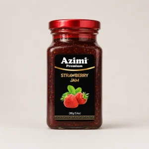 azimi-premium-strawberry-jam-front-view Front view of a jar of Azimi Premium strawberry jam