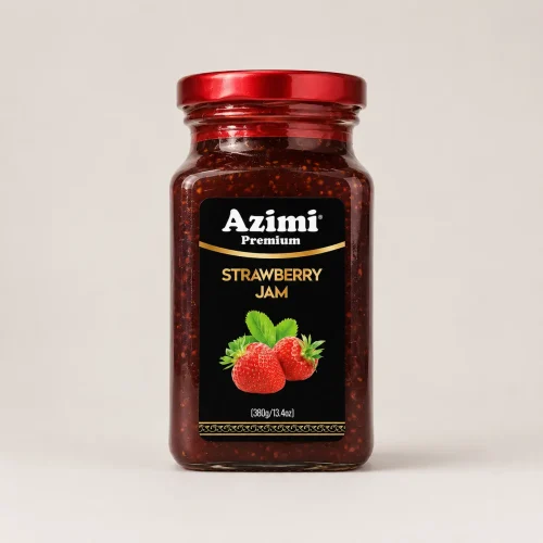 Front view of a jar of Azimi Premium strawberry jam