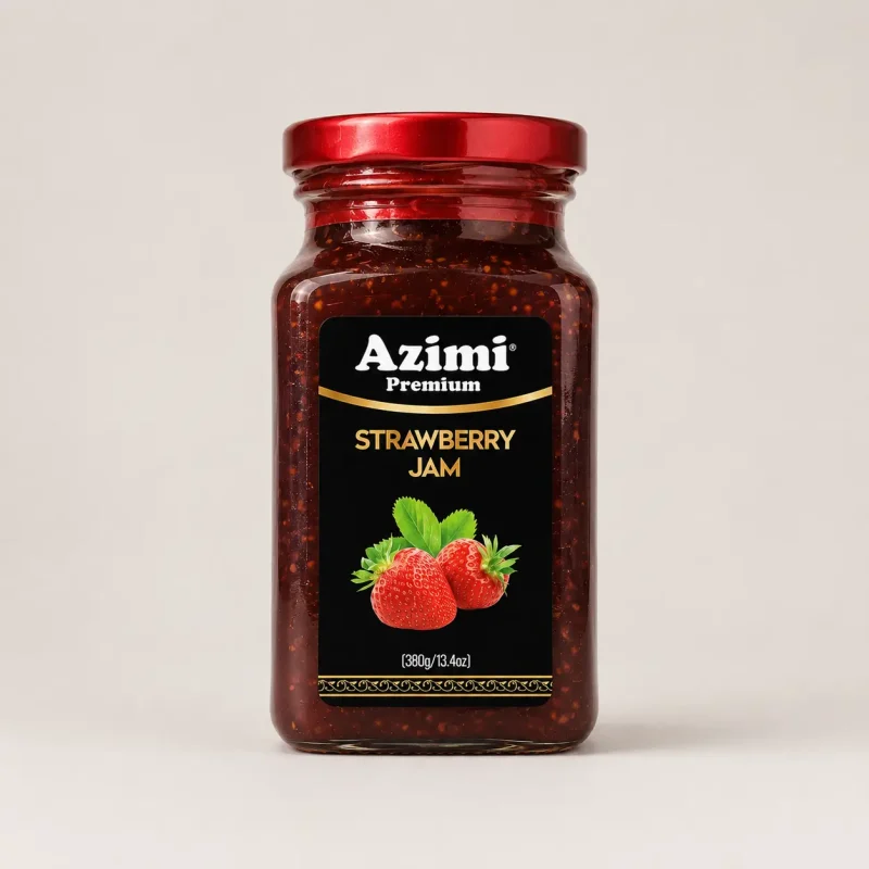 azimi-premium-strawberry-jam-front-view Front view of a jar of Azimi Premium strawberry jam