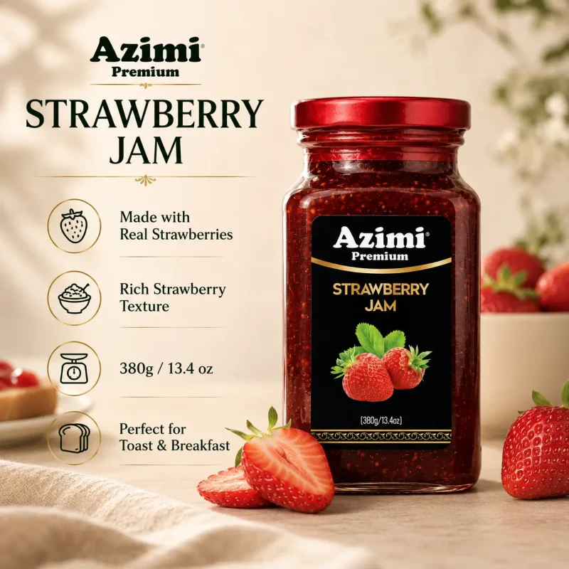 azimi-premium-strawberry-jam-product-details Azimi Premium strawberry jam with texture size and serving details