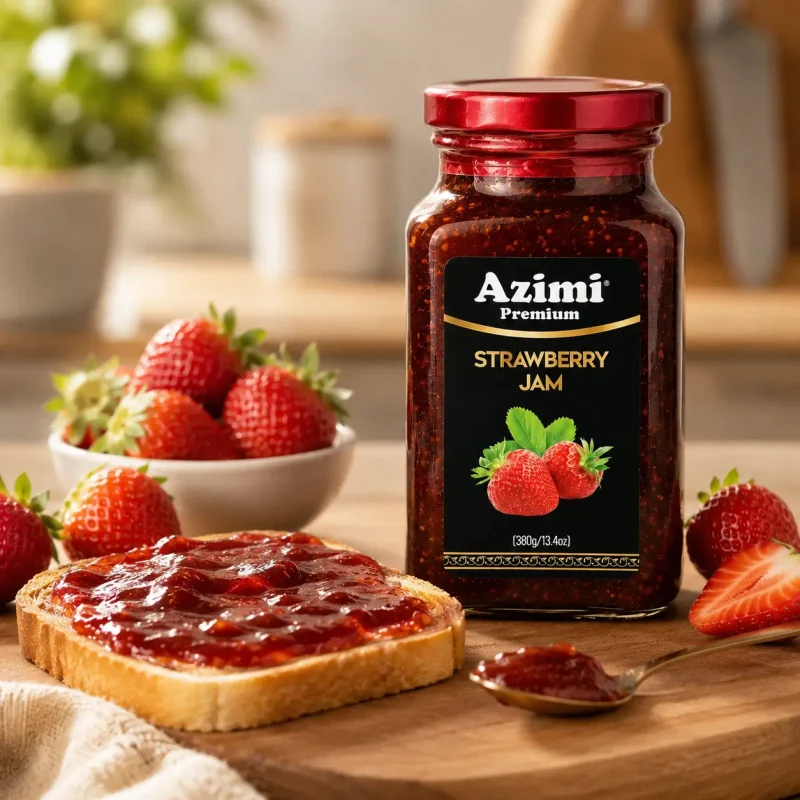 azimi-premium-strawberry-jam-toast-serving Azimi Premium strawberry jam served on toast with fresh strawberries