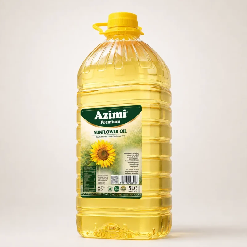 azimi-premium-5l-sunflower-oil-front-view Front view of an Azimi Premium 5L sunflower oil bottle