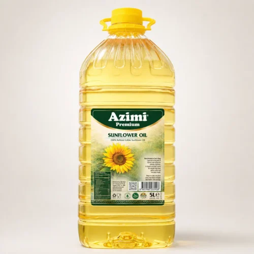 Azimi Premium 5L sunflower oil bottle in a warm studio setting