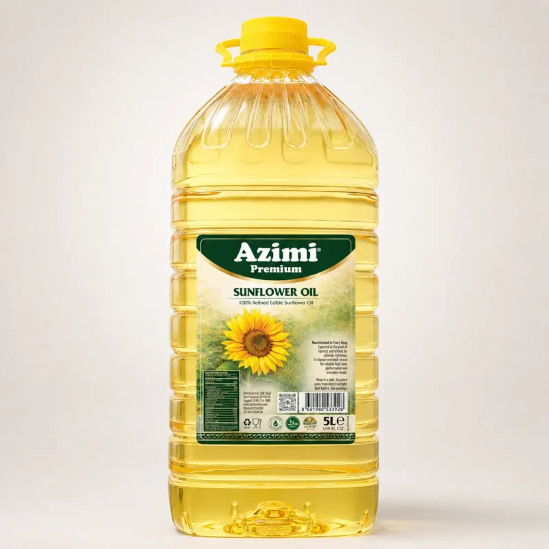 azimi-premium-5l-sunflower-oil-studio-bottle Azimi Premium 5L sunflower oil bottle in a warm studio setting