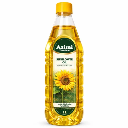 Front view of an Azimi Premium 1L sunflower oil bottle