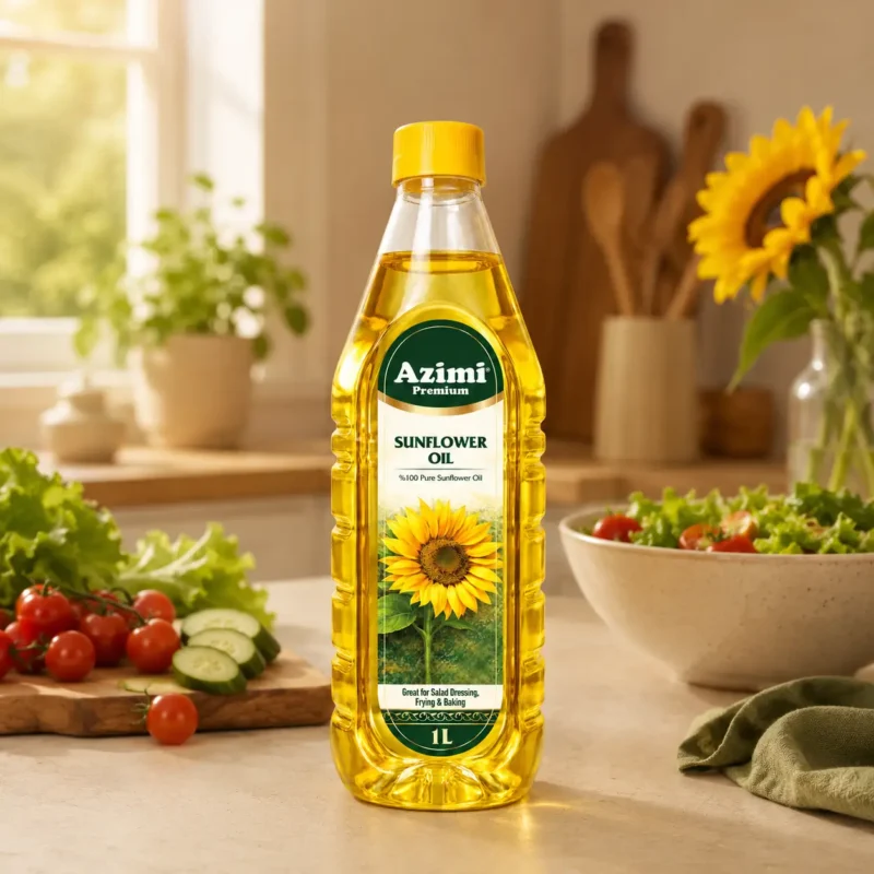 azimi-premium-1l-sunflower-oil-kitchen-salad Azimi Premium 1L sunflower oil bottle beside a fresh kitchen salad