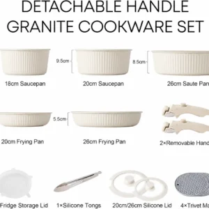 cream-detachable-handle-cookware-size-guide Size guide for cream detachable-handle cookware showing five cookware pieces and two removable handles.