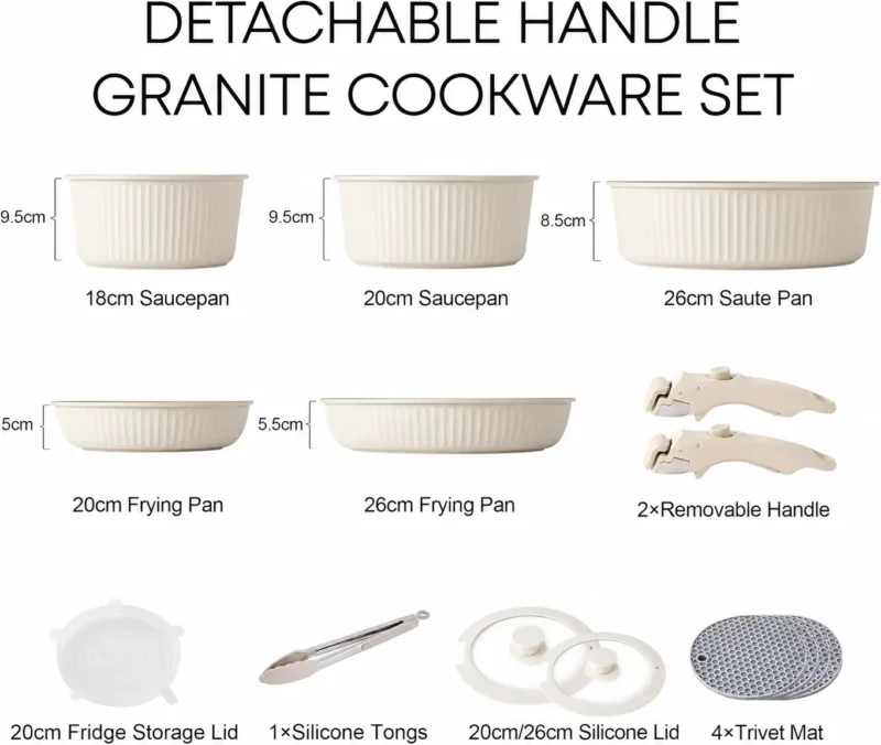 cream-detachable-handle-cookware-size-guide Size guide for cream detachable-handle cookware showing five cookware pieces and two removable handles.